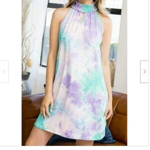 X-Large Dress Perfect Peach Smocked Halter Neck Tie Dye Pink Green Lilac NWT